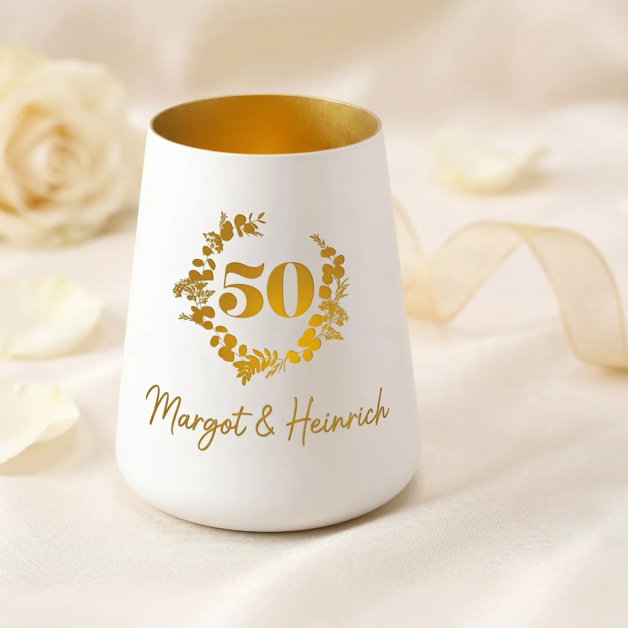 Windlicht zur Goldenen Hochzeit mit Namen personalisiert | Deko Licht zum 50. Hochzeitstag mit Gravur