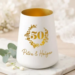 Windlicht zur Goldenen Hochzeit mit Namen personalisiert | Deko Licht zum 50. Hochzeitstag mit Gravur