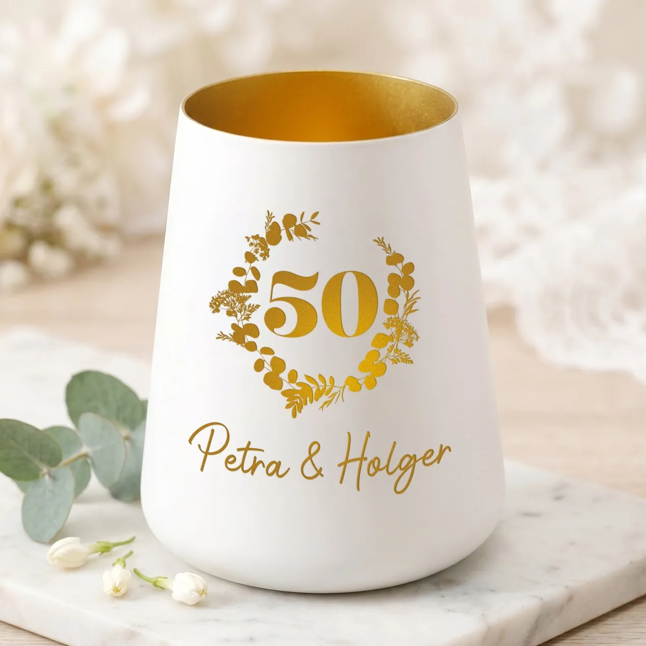 Windlicht zur Goldenen Hochzeit mit Namen personalisiert | Deko Licht zum 50. Hochzeitstag mit Gravur