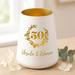 Windlicht zur Goldenen Hochzeit mit Namen personalisiert | Deko Licht zum 50. Hochzeitstag mit Gravur