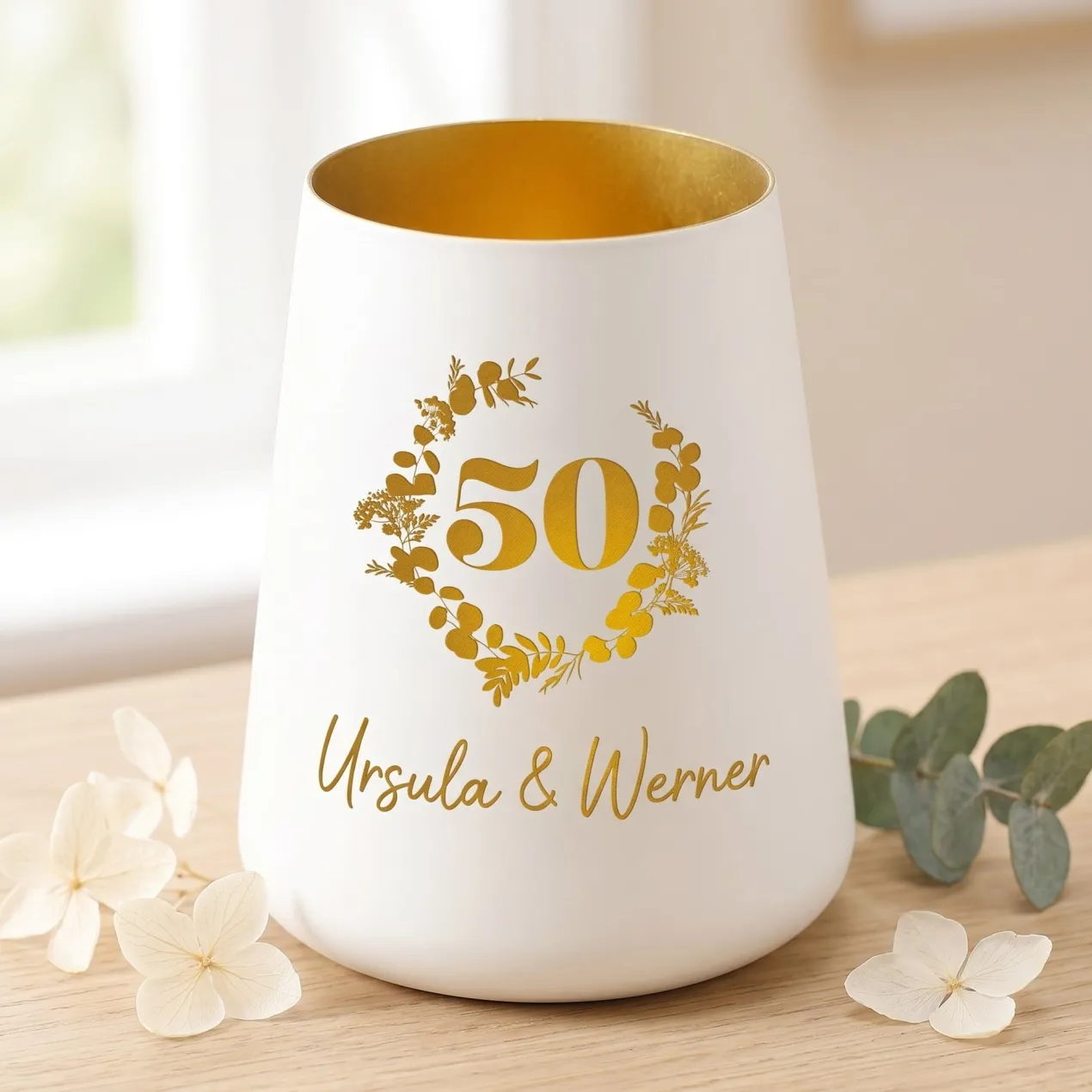 Windlicht zur Goldenen Hochzeit mit Namen personalisiert | Deko Licht zum 50. Hochzeitstag mit Gravur