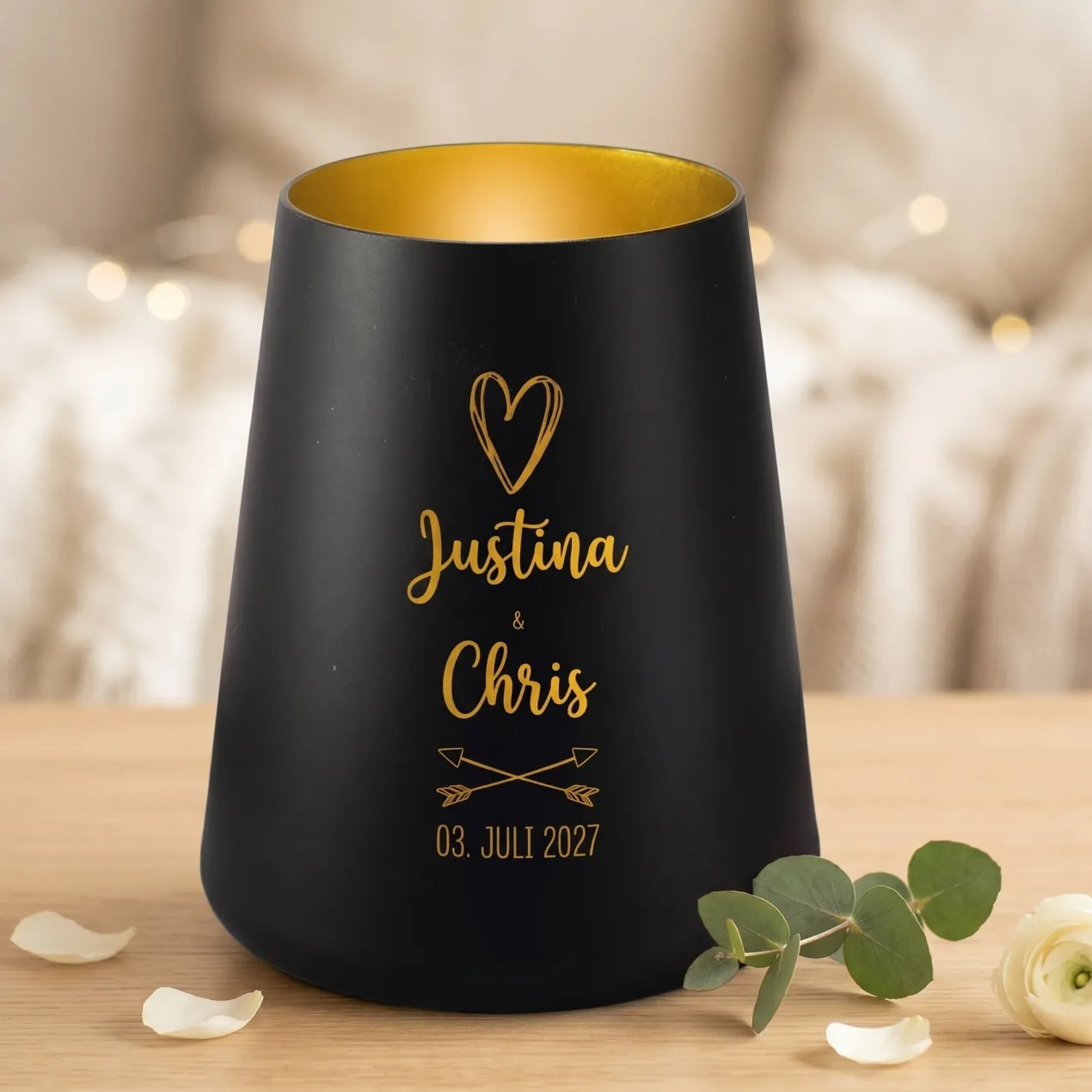 Windlicht zur Hochzeit personalisiert mit Namen & Datum | Deko Licht in Weiß oder Schwarz für Paare