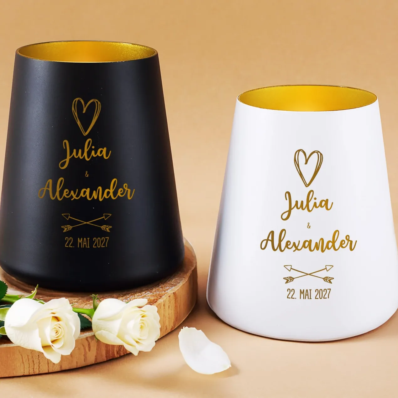 Windlicht zur Hochzeit personalisiert mit Namen & Datum | Deko Licht in Weiß oder Schwarz für Paare