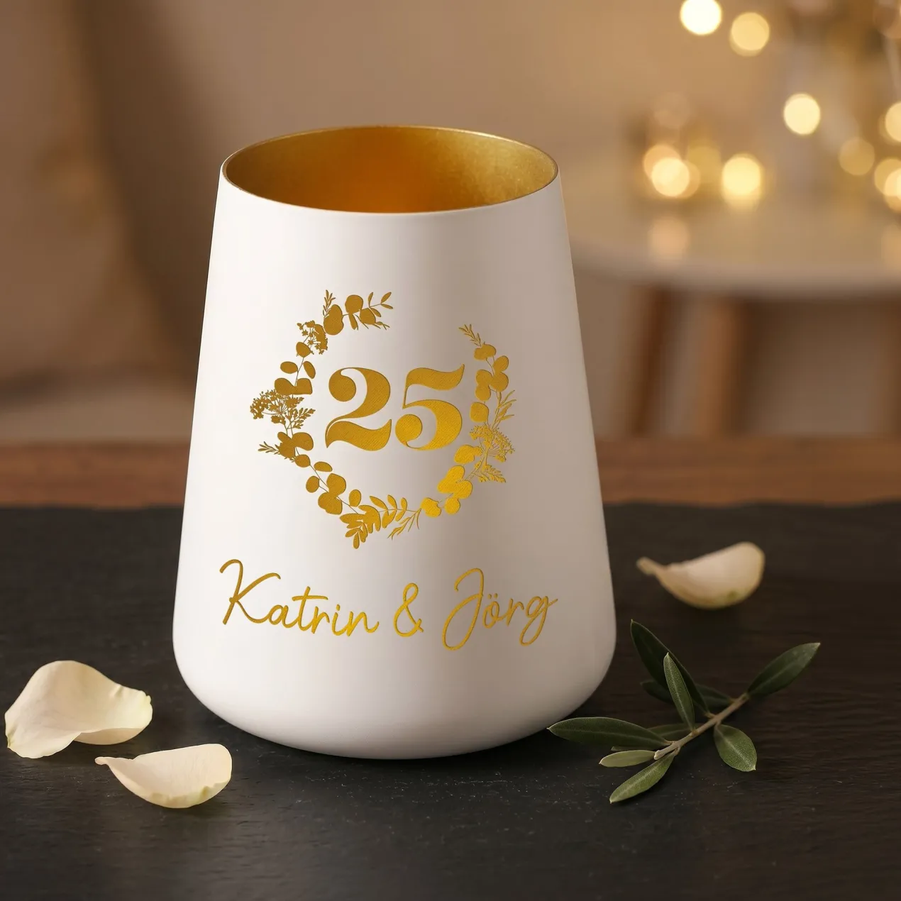 Windlicht zur Silberhochzeit mit Namen personalisiert | Deko Licht zum 25. Hochzeitstag mit Gravur