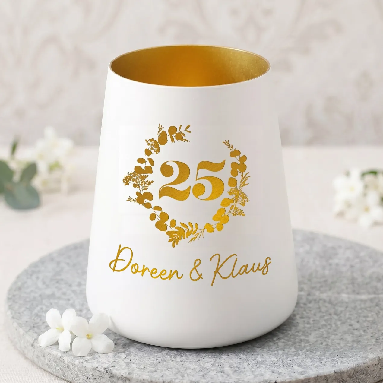 Windlicht zur Silberhochzeit mit Namen personalisiert | Deko Licht zum 25. Hochzeitstag mit Gravur