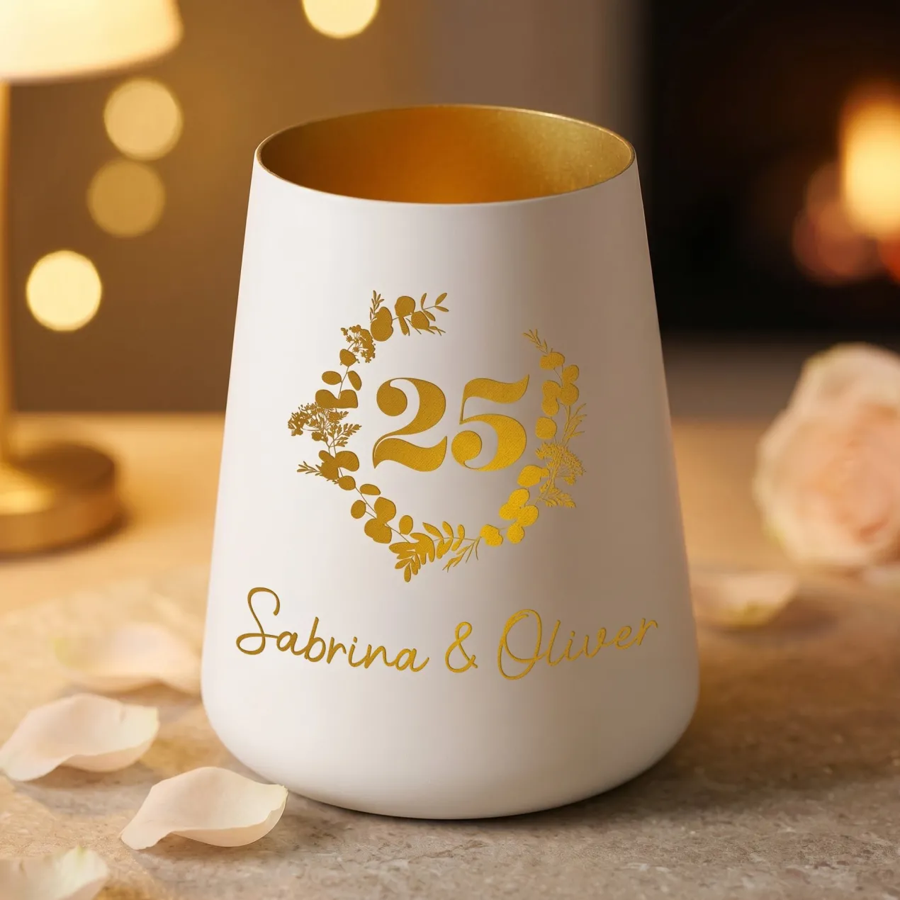 Windlicht zur Silberhochzeit mit Namen personalisiert | Deko Licht zum 25. Hochzeitstag mit Gravur