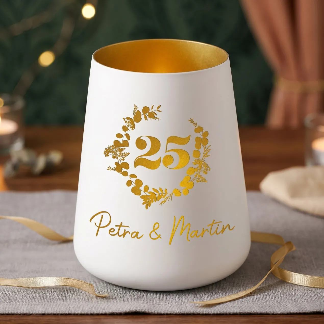 Windlicht zur Silberhochzeit mit Namen personalisiert | Deko Licht zum 25. Hochzeitstag mit Gravur