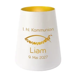 Windlicht zur Taufe, Kommunion & Konfirmation mit Gravur | Personalisiertes Deko Licht in Weiß Gold