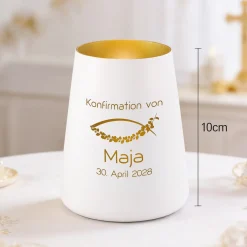 Windlicht zur Taufe, Kommunion & Konfirmation mit Gravur | Personalisiertes Deko Licht in Weiß Gold