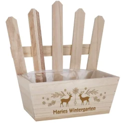 Wintergarten - Holzkiste mit Zaun und festlicher Gravur