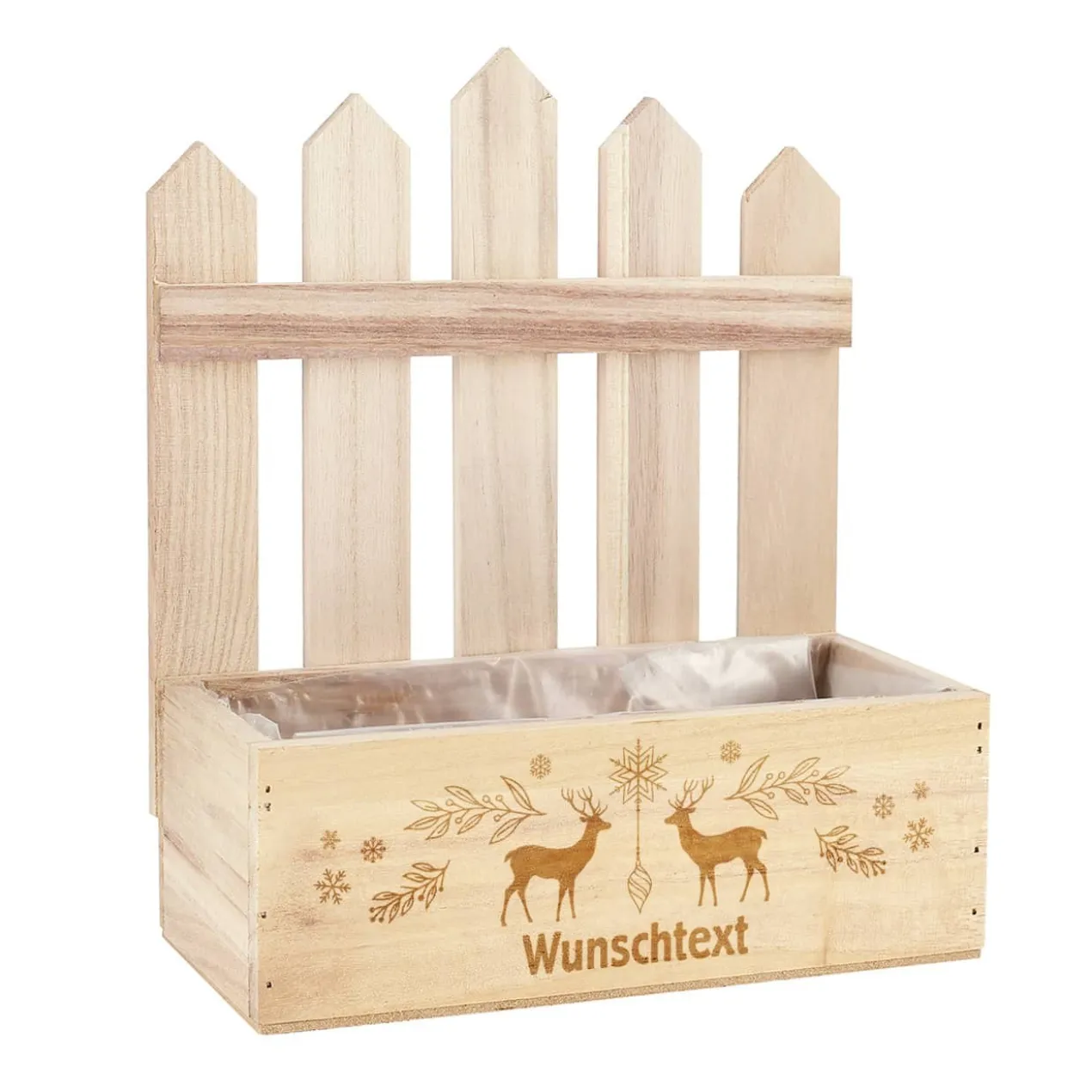 Wintergarten - Holzkiste mit Zaun und festlicher Gravur
