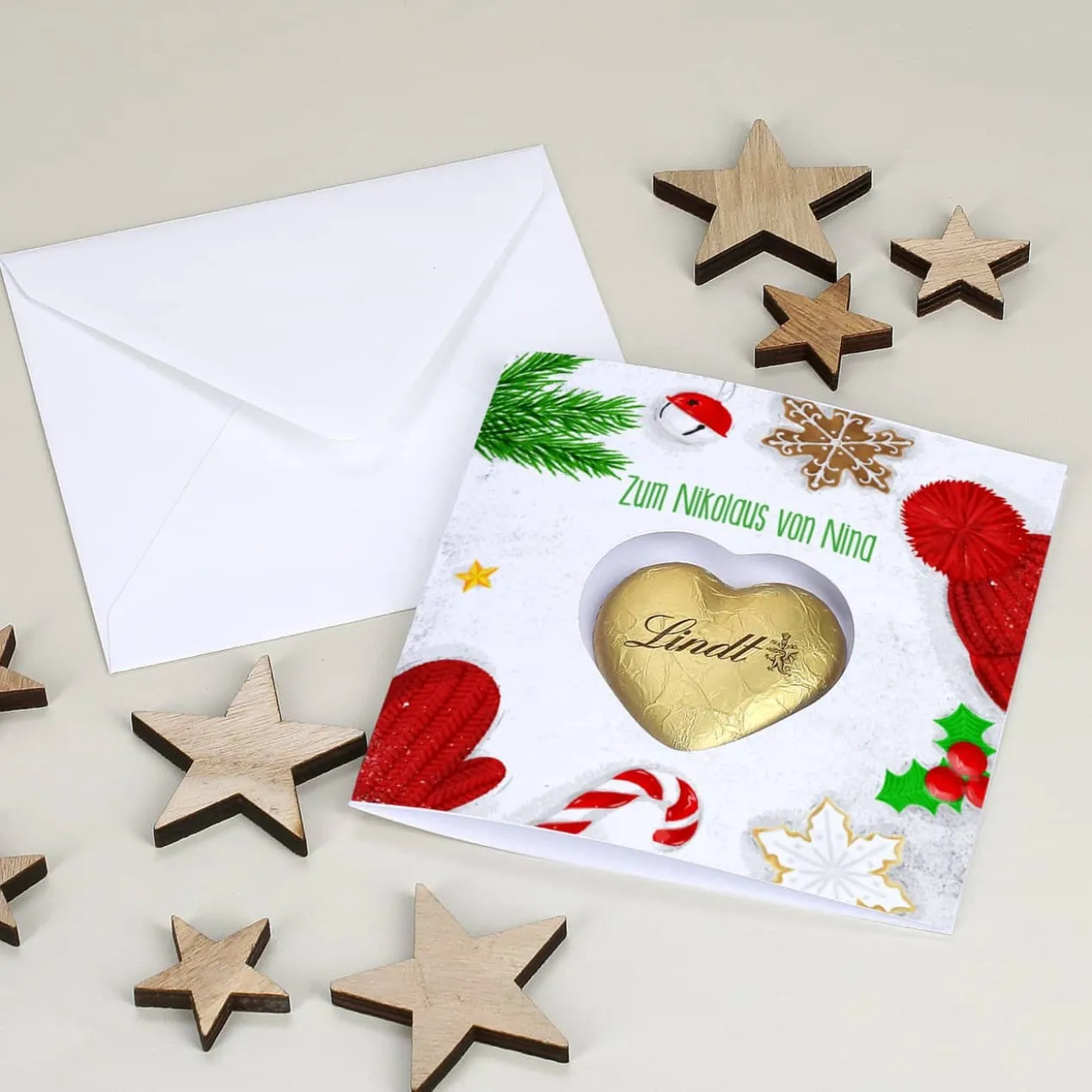 Winterliche Karte mit Lindt Schoko Herz
