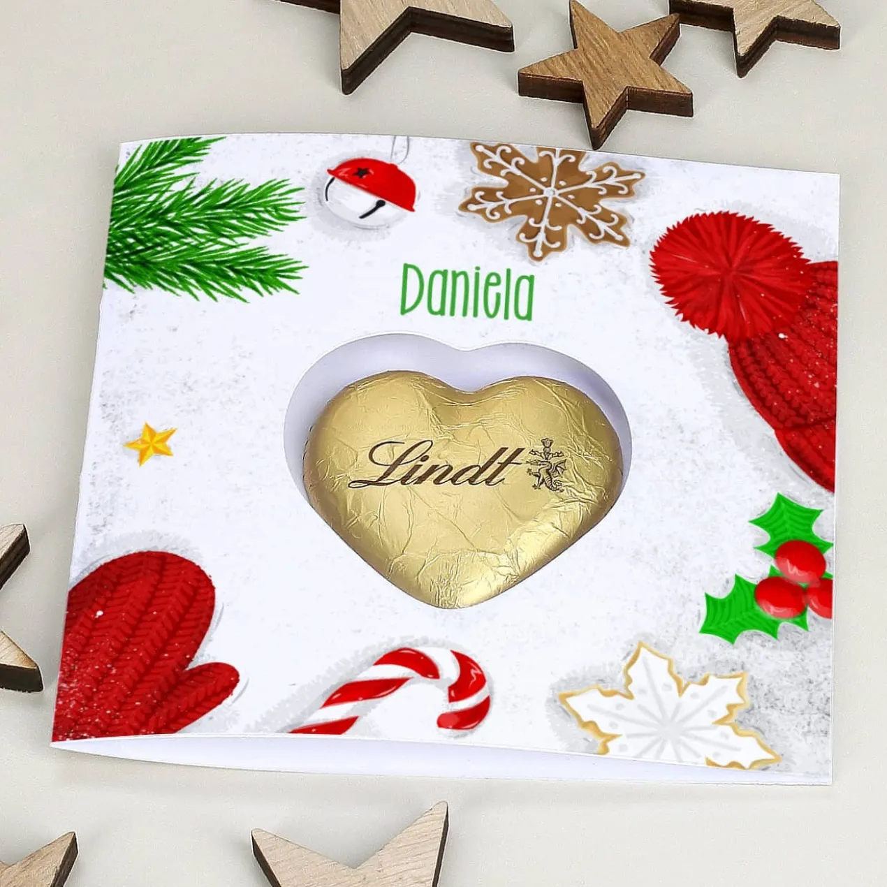 Winterliche Karte mit Lindt Schoko Herz