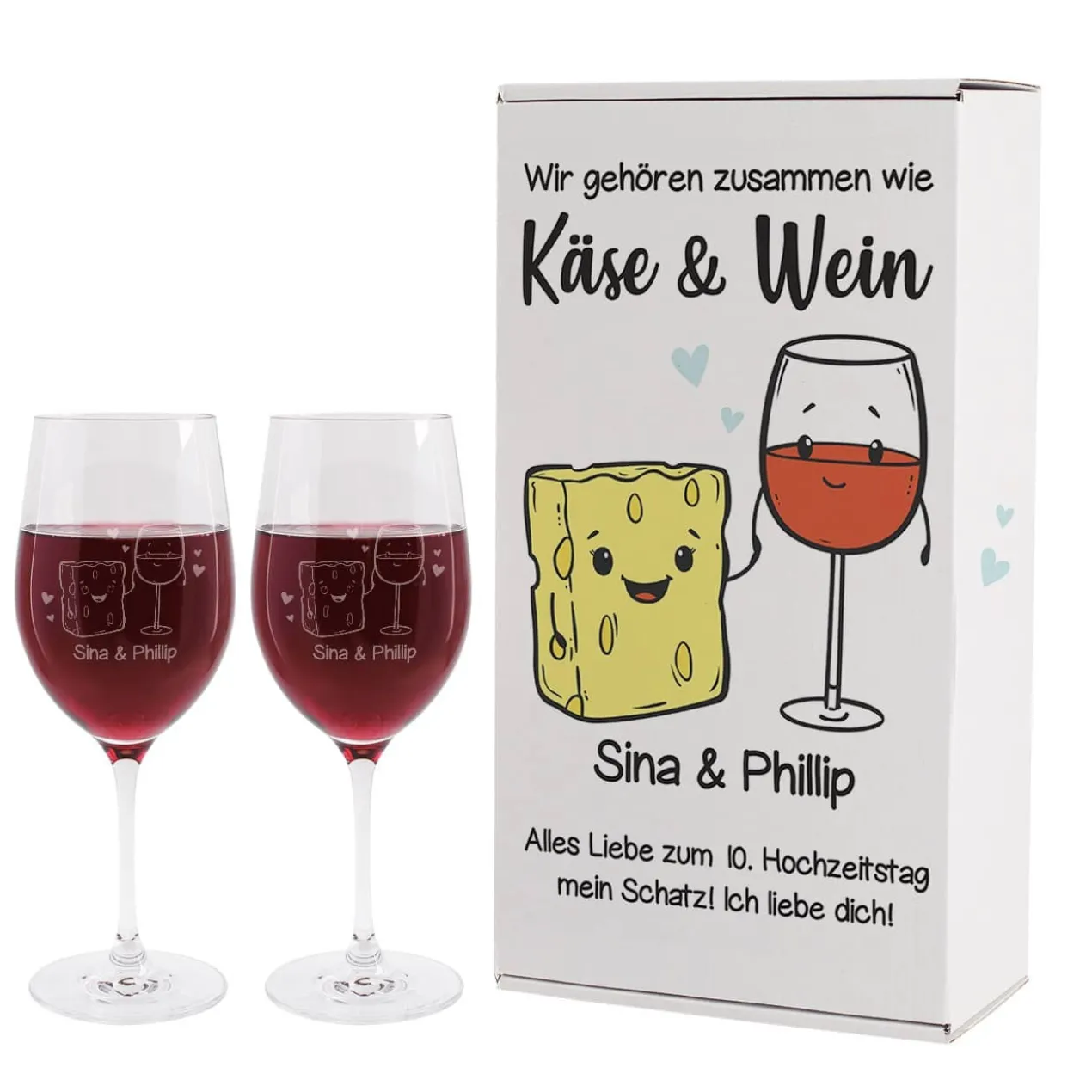 Wir gehören zusammen wie Käse & Wein - Geschenkset mit zwei Weingläsern