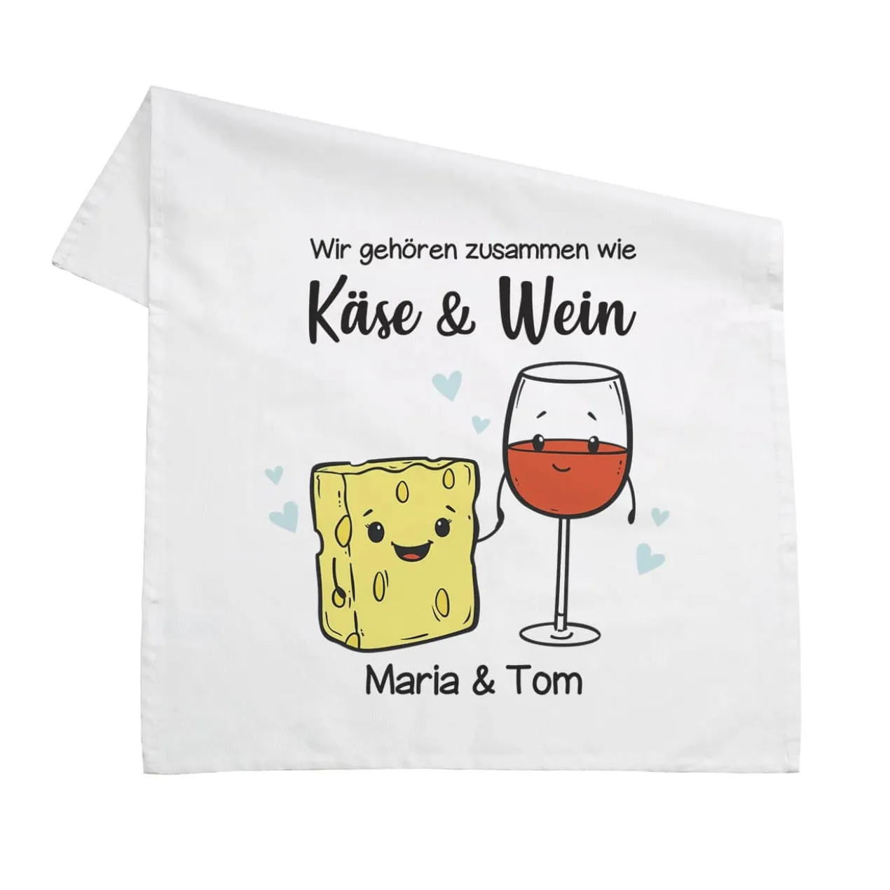 Wir gehören zusammen wie Käse & Wein - Geschirrtuch mit Ihren Wunschnamen