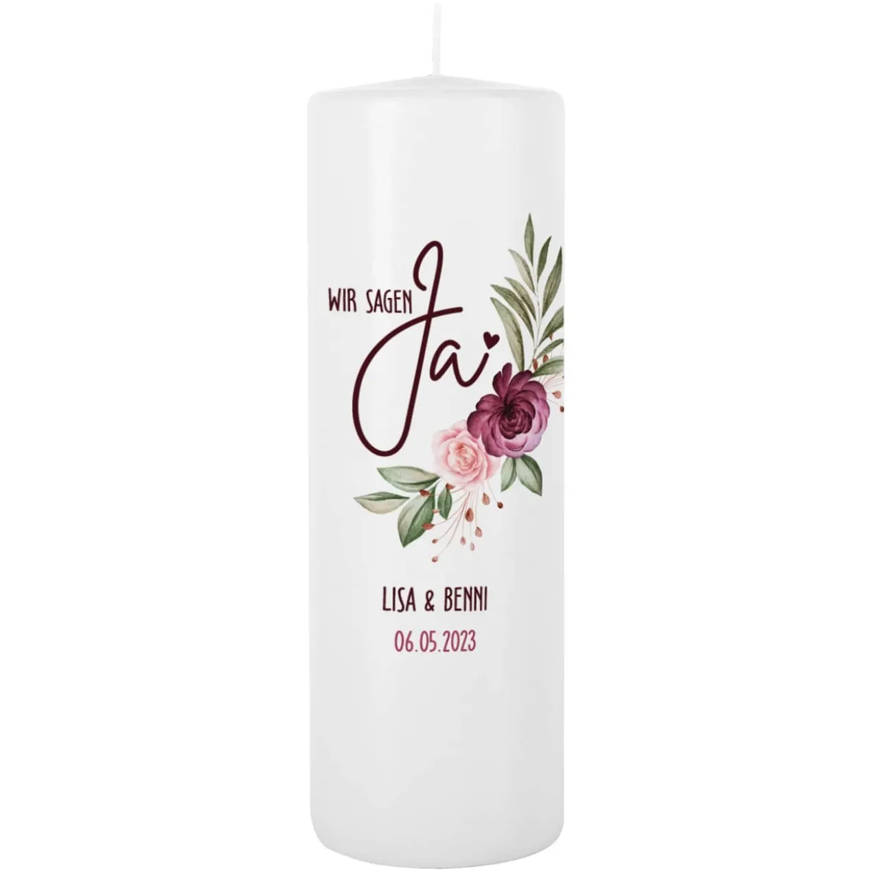 Wir sagen Ja! - Hochzeitskerze mit Rosenmotiv