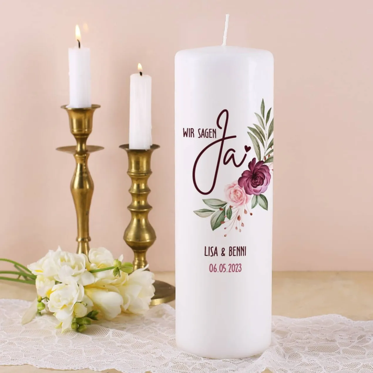 Wir sagen Ja! - Hochzeitskerze mit Rosenmotiv