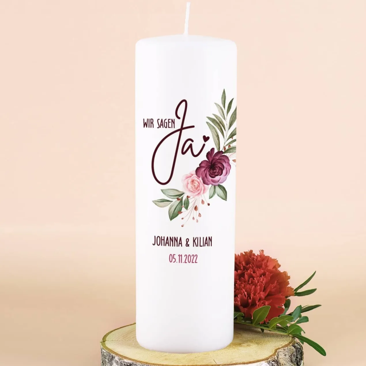 Wir sagen Ja! - Hochzeitskerze mit Rosenmotiv