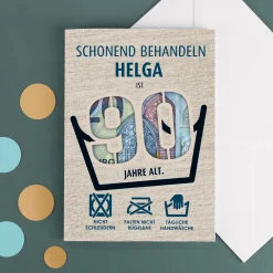 Witzige Geldgeschenk-Karte zum 90. Geburtstag als Waschanleitung personalisiert mit Name