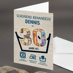 Witzige Geldgeschenk-Karte zum 30. Geburtstag als Waschanleitung personalisiert mit Name