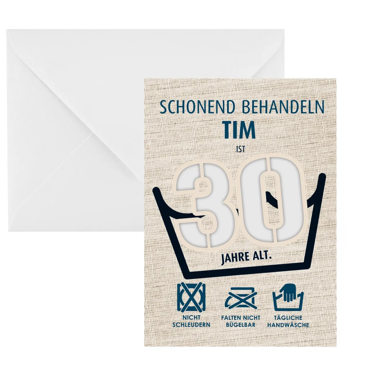 Witzige Geldgeschenk-Karte zum 30. Geburtstag als Waschanleitung personalisiert mit Name