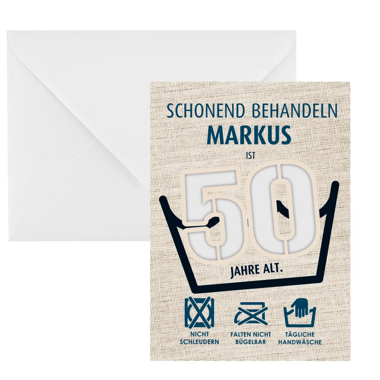 Witzige Geldgeschenk-Karte zum 50. Geburtstag als Waschanleitung personalisiert mit Name