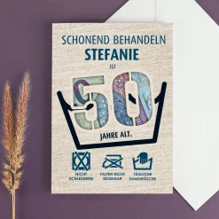 Witzige Geldgeschenk-Karte zum 50. Geburtstag als Waschanleitung personalisiert mit Name