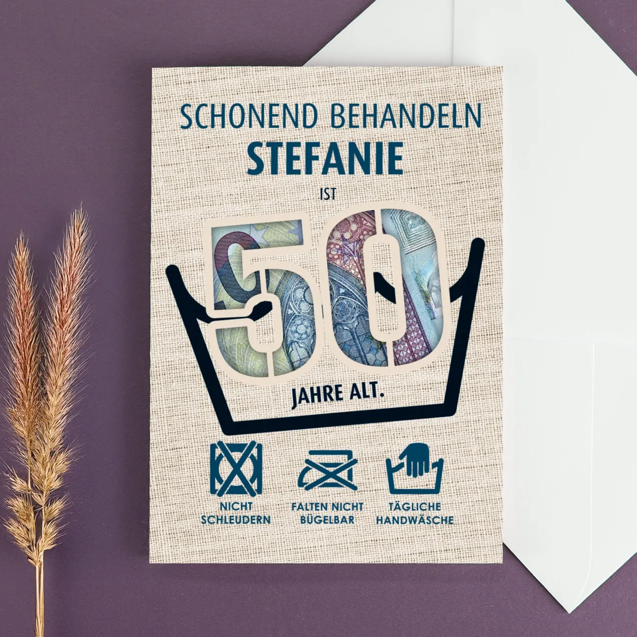 Witzige Geldgeschenk-Karte zum 50. Geburtstag als Waschanleitung personalisiert mit Name