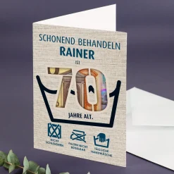 Witzige Geldgeschenk-Karte zum 70. Geburtstag als Waschanleitung personalisiert mit Name