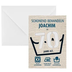 Witzige Geldgeschenk-Karte zum 70. Geburtstag als Waschanleitung personalisiert mit Name