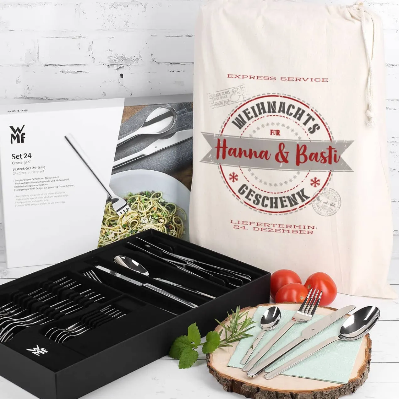WMF Besteckset mit 24 Teilen und persönlichem Geschenksack zu Weihnachten