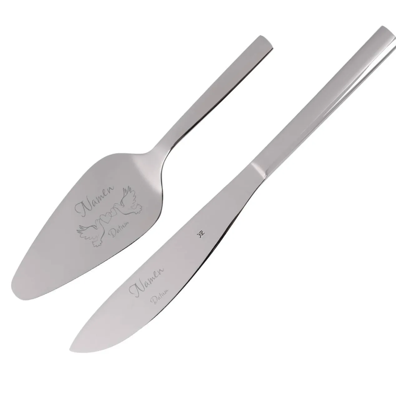 WMF Kuchenbesteck Set zur Hochzeit graviert mit Tauben und Namen