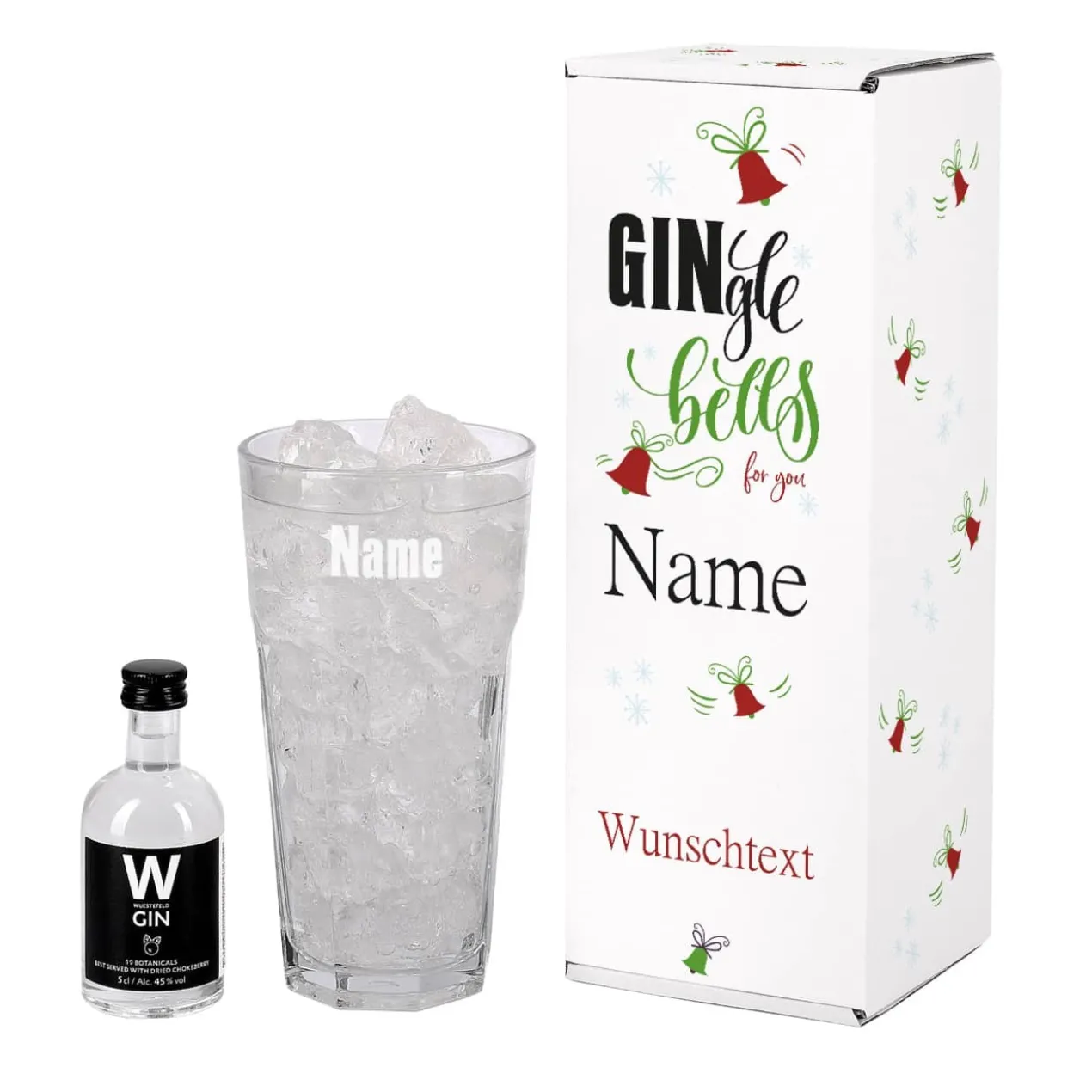 Wuestefeld Gin mit graviertem Gin-Glas in bedruckter Geschenkverpackung für be-gin-liche Weihnachten