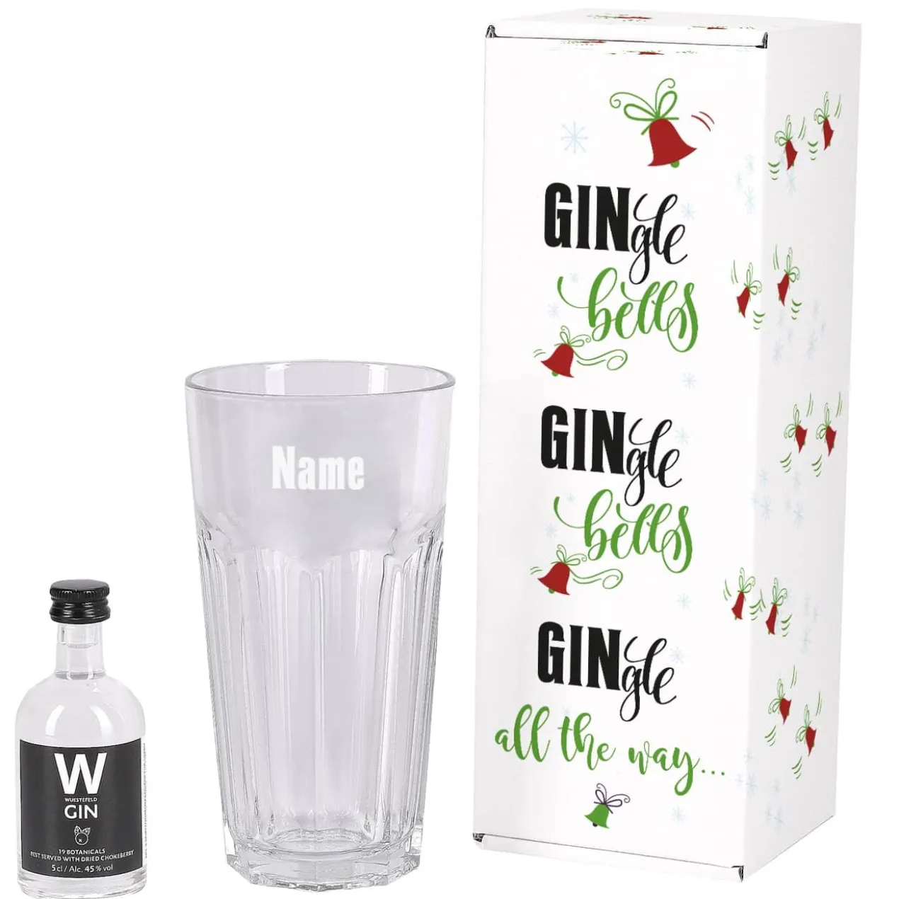 Wuestefeld Gin mit graviertem Gin-Glas in bedruckter Geschenkverpackung für be-gin-liche Weihnachten