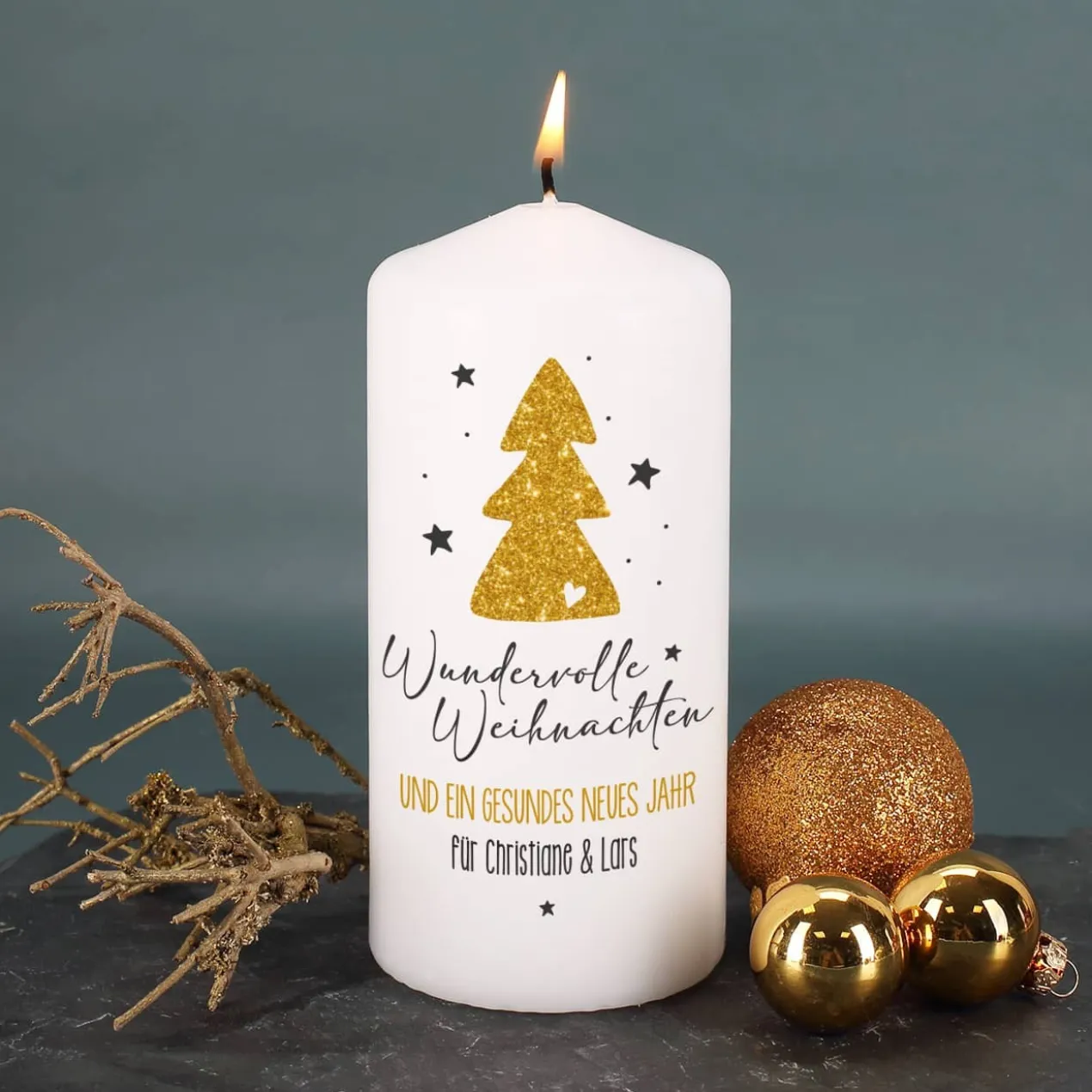 Wundervolle Weihnachten und ein gesundes neues Jahr - Kerze mit Ihrem Text bedruckt