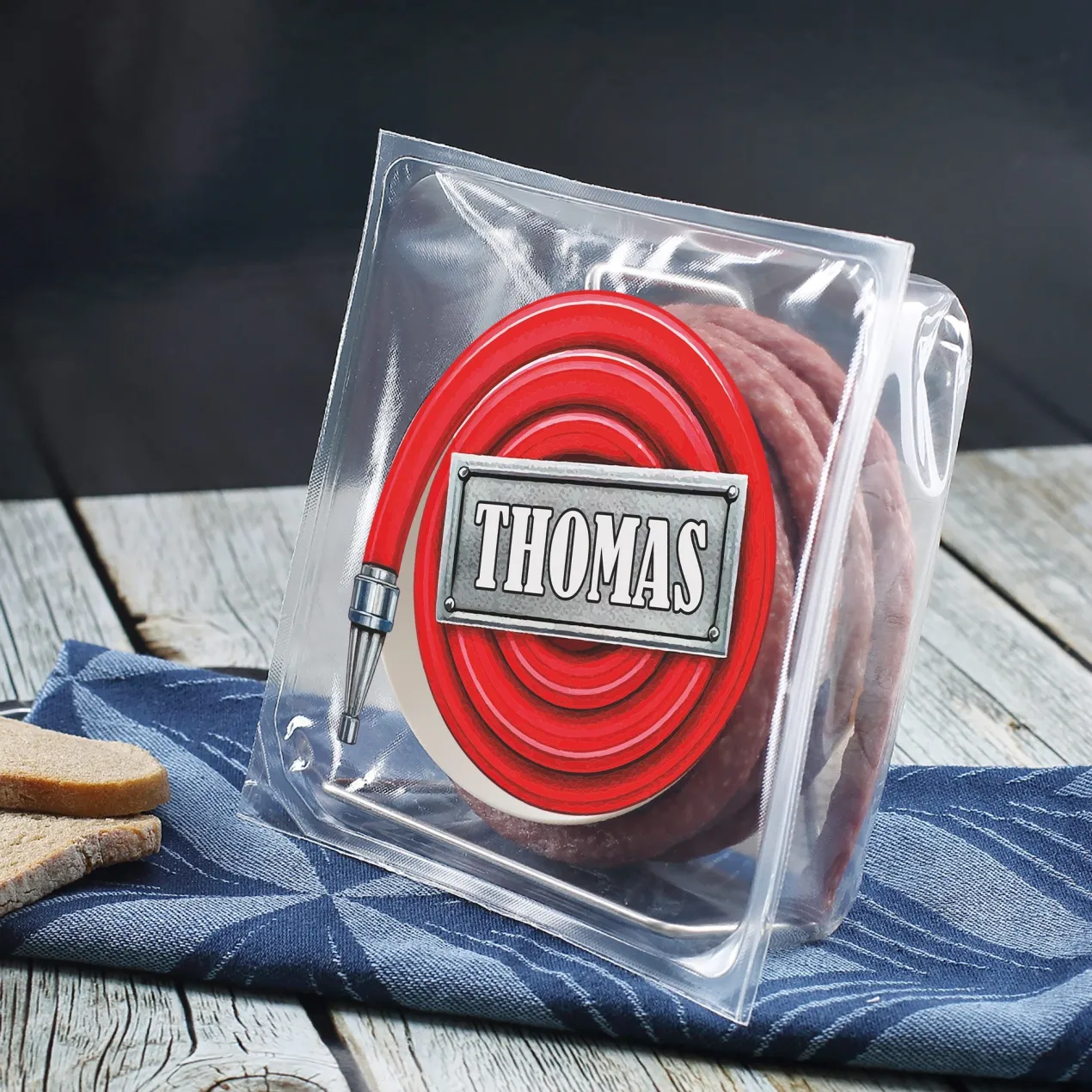 Wurst Schlauchtrommel mit Name - Snack Wurst - Feuerwehrschlauch