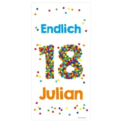 XL Banner zum 18. Geburtstag mit großer Konfettizahl, Name und Wunschtext