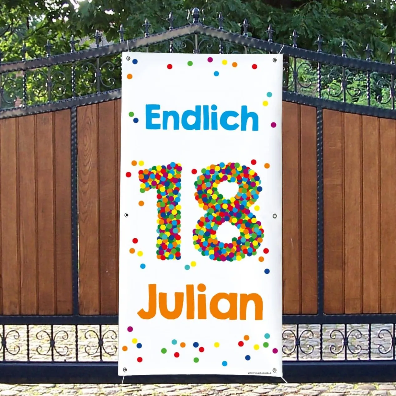 XL Banner zum 18. Geburtstag mit großer Konfettizahl, Name und Wunschtext