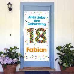 XL Banner zum 18. Geburtstag mit großer Konfettizahl, Name und Wunschtext
