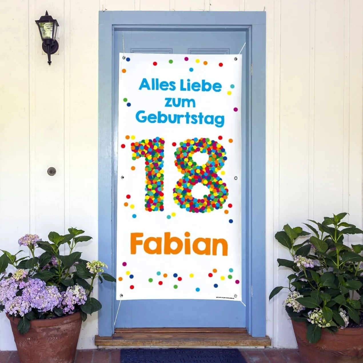 XL Banner zum 18. Geburtstag mit großer Konfettizahl, Name und Wunschtext