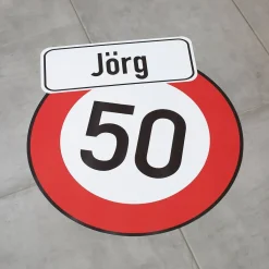 XL Fußbodenaufkleber 53x57cm Verkehrszeichen zum Geburtstag mit Name und Alter