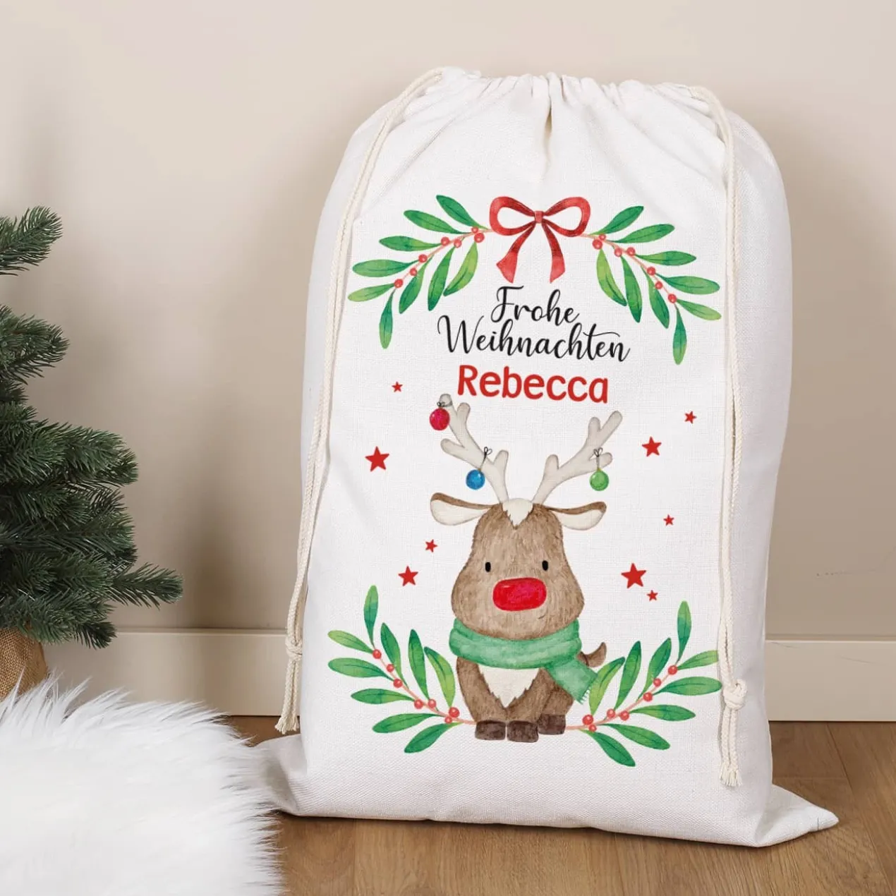 XL Geschenksack mit Rentiermotiv und Namensaufdruck