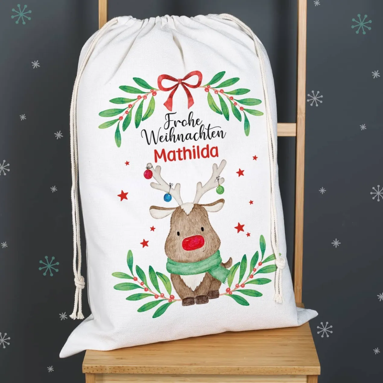 XL Geschenksack mit Rentiermotiv und Namensaufdruck