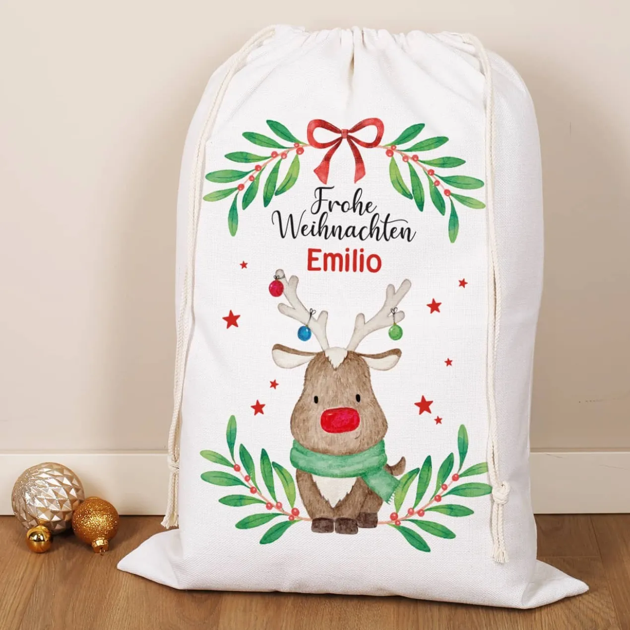 XL Geschenksack mit Rentiermotiv und Namensaufdruck