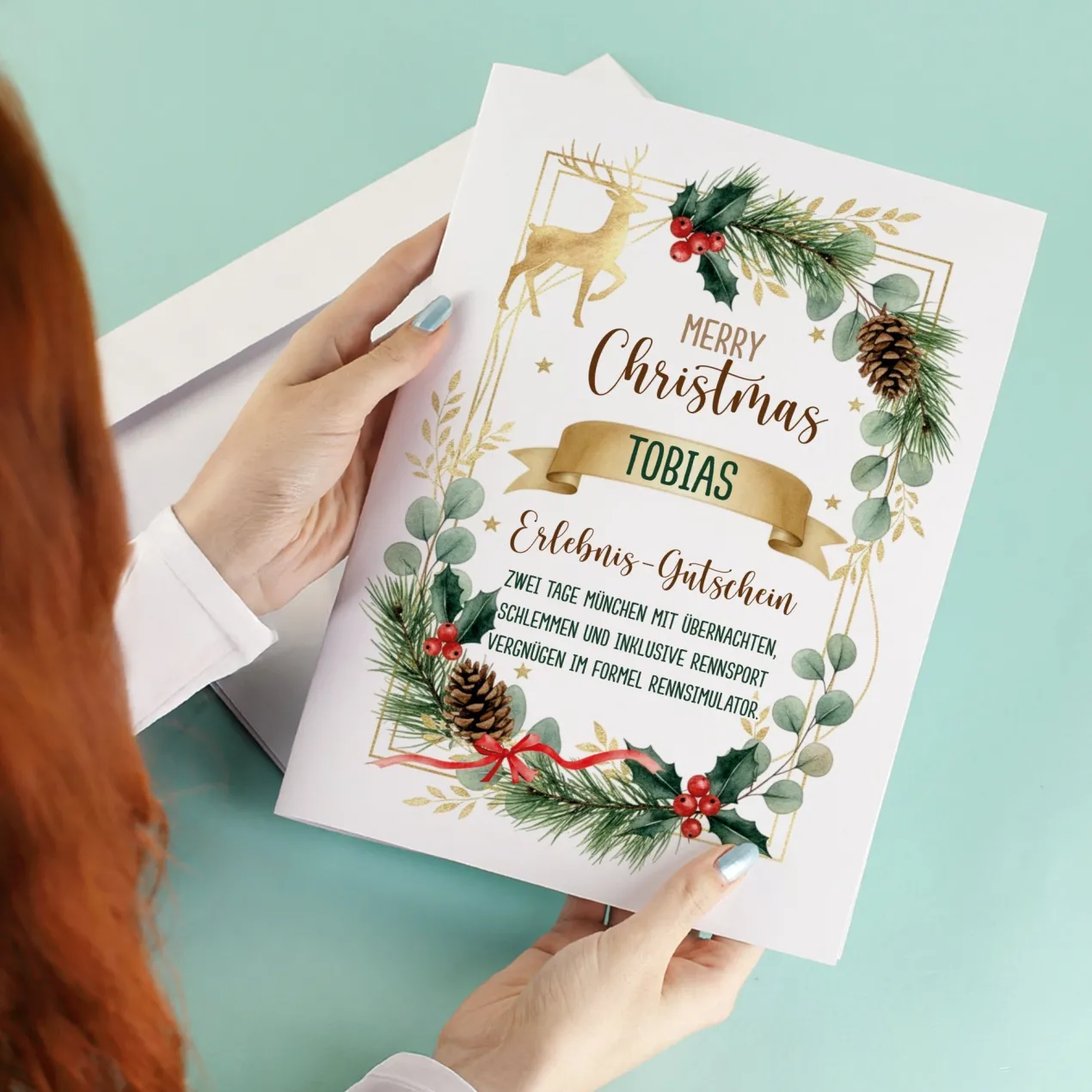 XL Weihnachtsgutschein A4 personalisiert mit Name & Wunschtext | Festliche Klappkarte zu Weihnachten