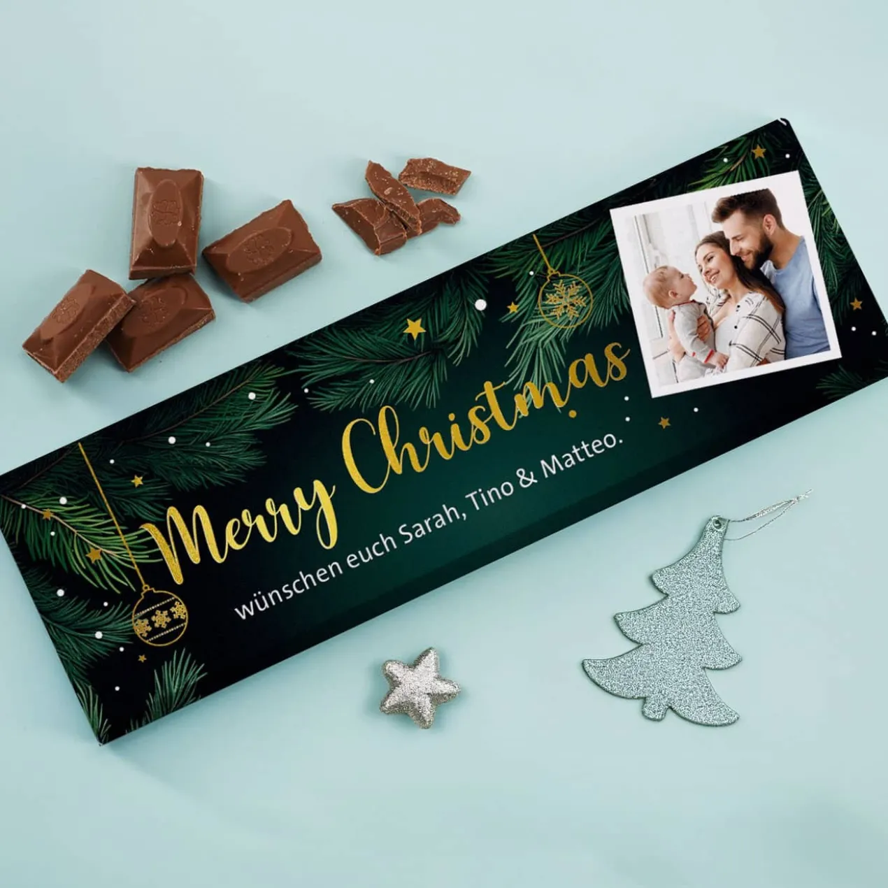XL Weihnachts-Schokolade mit Foto, Wunschtext und Goldfolie veredelt
