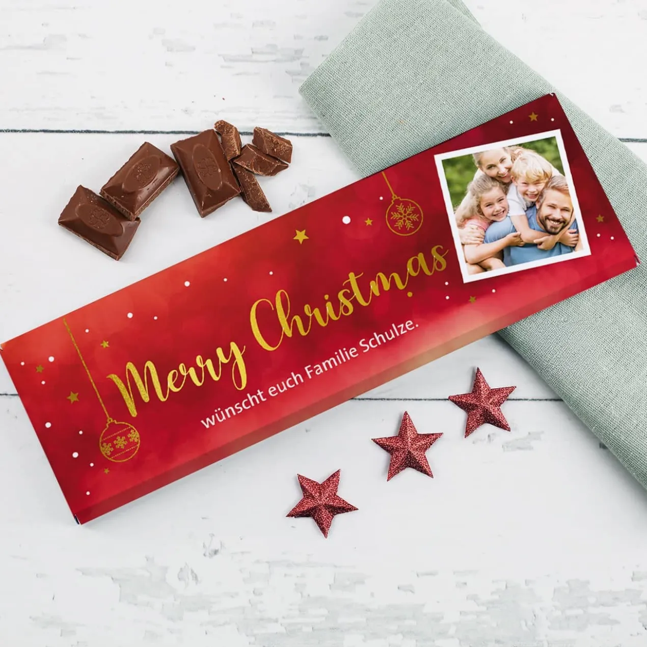 XL Weihnachts-Schokolade mit Foto, Wunschtext und Goldfolie veredelt