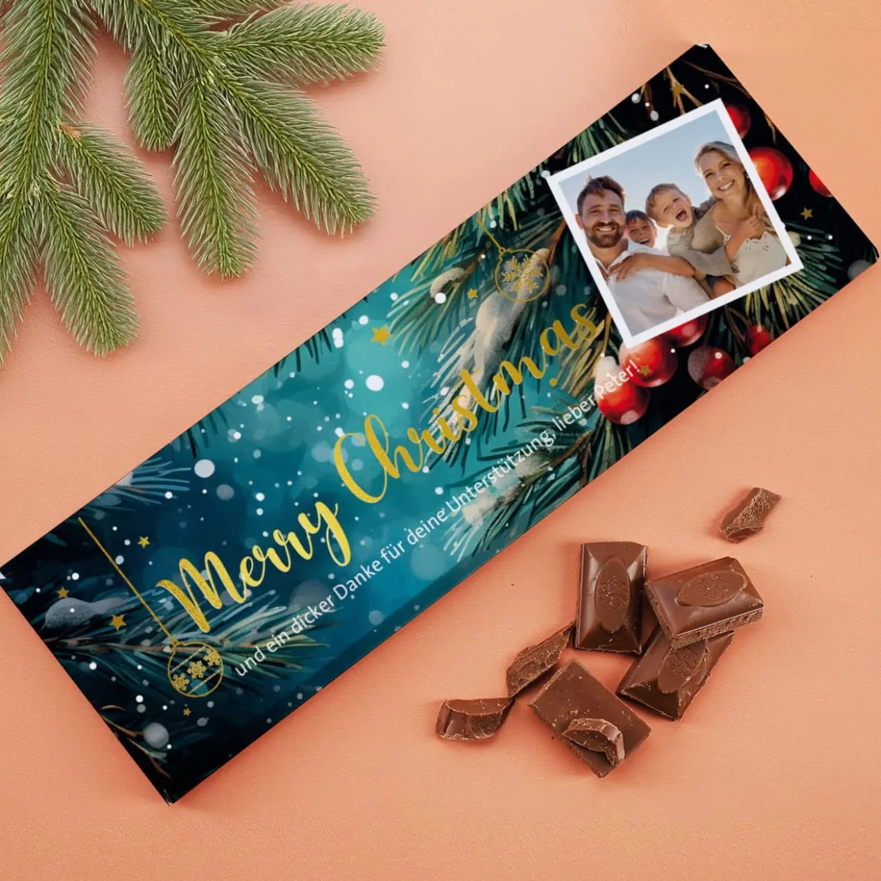 XL Weihnachts-Schokolade mit Foto, Wunschtext und Goldfolie veredelt