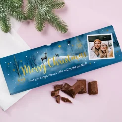 XL Weihnachts-Schokolade mit Foto, Wunschtext und Goldfolie veredelt
