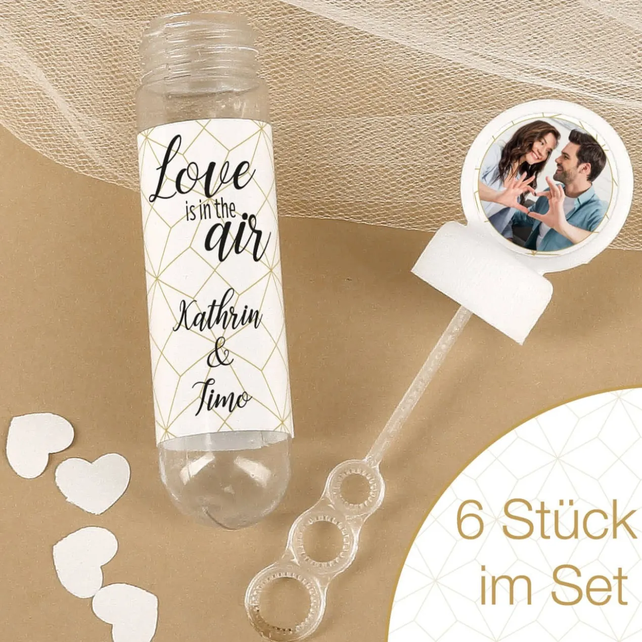 6x Seifenblasen - Love is in the air - mit Foto zur Hochzeit